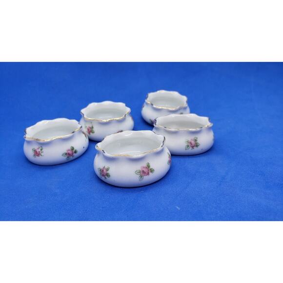 5 Antique Salt Cellar Server Tiny Bowl White Porcelain Pink Roses Austria Vtg - Picture 3 of 11